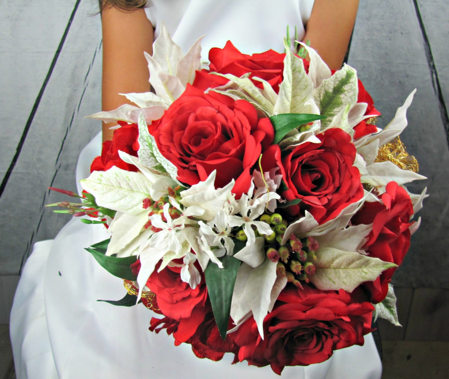 Christmas Wedding Bouquet White Poinsettia Red Hydrangea