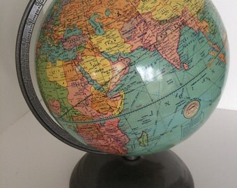 1950's Cardboard Globe with Metal Stand - New Peerless 10 inch Terrestrial - Weber Costello Co - Chicago Heights IL