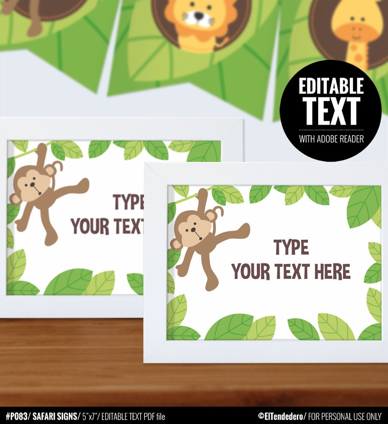 Safari party signs Printable and Editable Text PDF by eltendedero