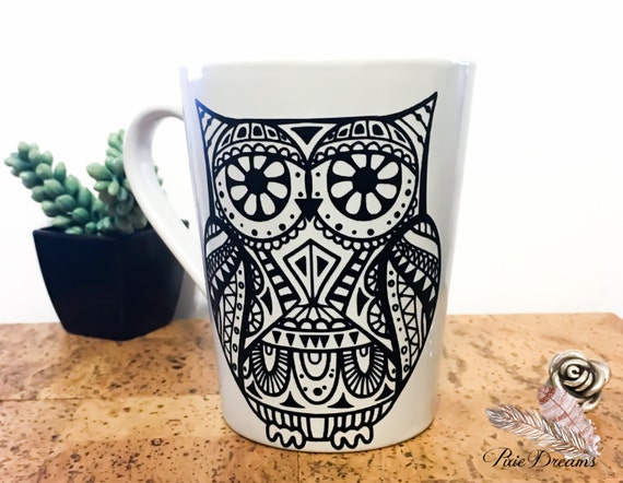 Mandala Owl Coffee Mug - 14oz Ceramic Mug - Boho Style - Coffee Lover Gift - Cute Coffee Mug - Owl Decor - Hippie Style - Coffee Mug