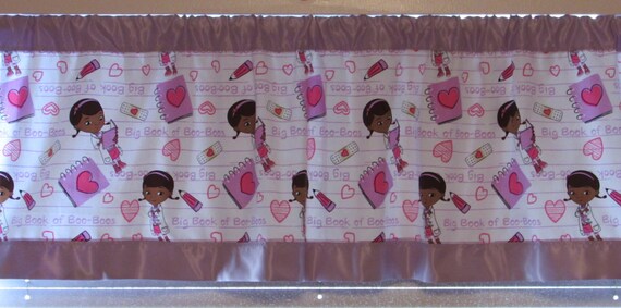 Doc McStuffin satin edge curtains/cotton valance/choice satin edge color