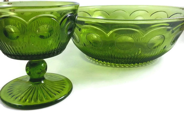 Green Glass Salad Bowl And Sherbert Dish, Chips And Dip Set, Vintage ...