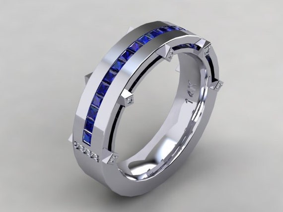 Mens Sapphire Diamond Wedding Band 14kt White Gold 5.98mm