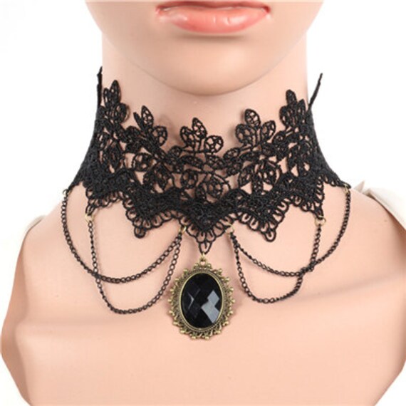 vintage Necklace sexy Halloween Costume Mystery Womens Gemstone Crystal Vintage Victorian Women Lace Collar Choker Necklace by steampunkcyber steampunk buy now online