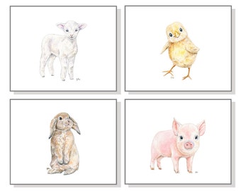 Baby Farm Animal Nursery Prints. Farm Nursery Art Barn Nursery Farmyard Barnyard Pig Piglet Chicken Chick Sheep Lamb Bunny Rabbit Set of 4.