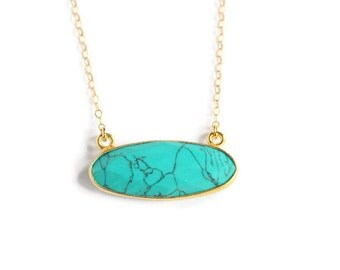 SALE Oval Turquoise and Gold Pendant Necklace