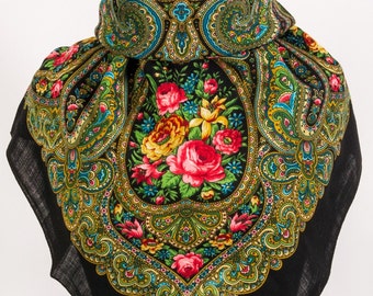 Russian, Authentic, Original, Pavlovo Posad Shawl, Scarf 100% Wool no fringe