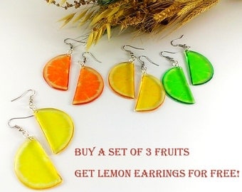 Fruit earrings Women gift under 15 Orange earrings Mother gift For twins Lime earrings Housewarming gift For coworker Fruit slices lemon
