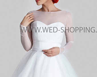 Tulle Bolero Jacket long sleeves stretch tulle Wedding Jacket with ivory and white E1605 back fastening buttons tulle top cover shoulders
