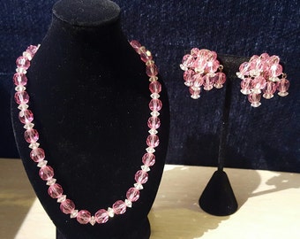 Gorgeous, 50's 60's, pink and clear, crystal necklace and Cha Cha style clip earring set!