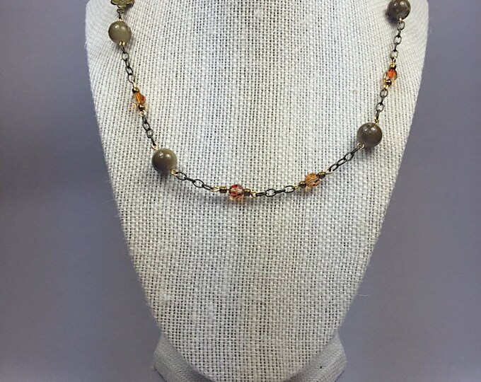 Brass brown necklace, brass Orange Swarovski necklace, brass necklace, brass jewelry