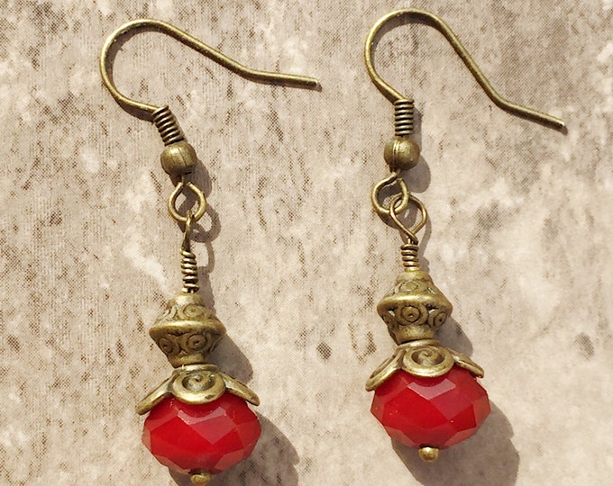 Dark red earrings, Red dark jewelry, red bohemian earrings, brass red earrings, brass red earrings