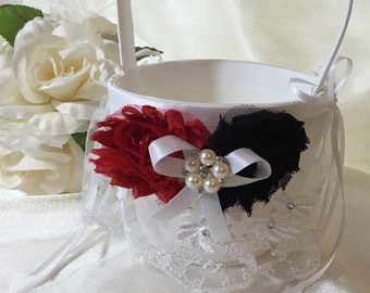 Flower Girl Basket Wedding White or Ivory CUSTOM Rhinestone Crystal Flower Pearls colors Red Black