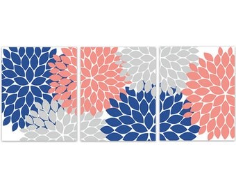 Home Decor Wall Art, Coral and Navy Flower Burst Art, Bathroom CANVAS Wall Decor, Coral Grey Bedroom Decor, Nursery Wall Art - HOME122