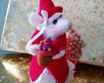 Topolino di lana infeltrita ad ago ooak dimensioni reali regalo natalizio Christmas mouse needle felted decorative wool sculpture mice ooak