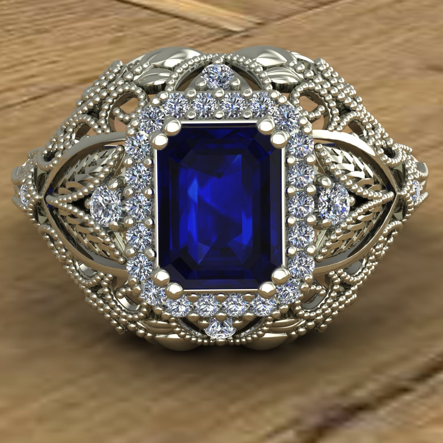 Blue Sapphire Ring Emerald Cut Diamond Cocktail Ring