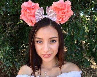 Pink coral mermaid scale floral minnie mouse ears