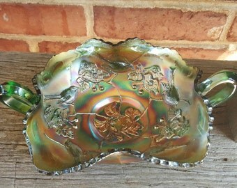 Carnival Glass, Antique Fenton Birds and Cherries Bonbon, Green Base Glass, Heavily Iridized, Depression Glass, Great Gift for Collectors!
