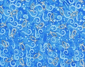 Christian Ichthys Fish Timeless Treasures Cotton Bart C1419 Blue, By the Yard