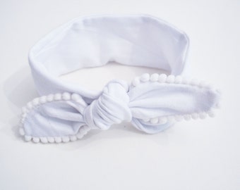 Baby headband - knot headband - jersey headband - adjustable - headwrap - Mme Blancheville - white cotton with white pompons