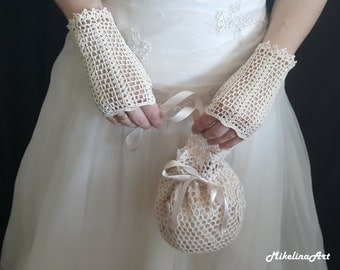 Crochet Mittens, Fingerless Gloves, Ivory, 100% Mercerized Cotton.