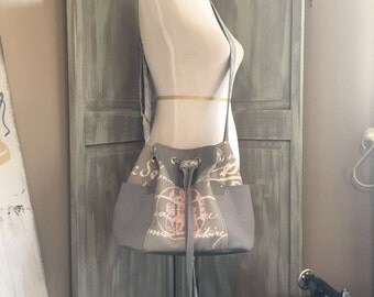 Sale 25% Off_ Drawstring Bucket Bag, Grey French Script