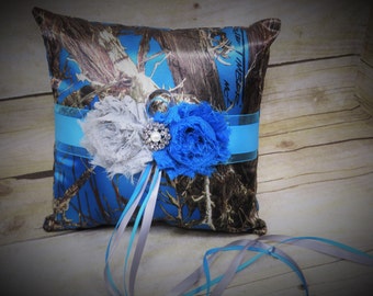 Blue Camo Ring Bearer Pillow, Blue True Timber Ring Bearer Pillow with Grey and White Accents, Wedding Pillow