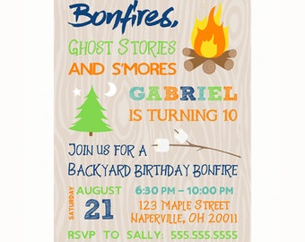 Backyard Bonfire Invitation, Boy Birthday Invitation, Personalized Printable Birthday Bonfire Invitation, S'mores Party, Camping Invitation,