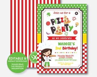 Instant Download, Editable Pizza Birthday Invitation, Pizza Invitation, Pizza Party Invitation, Chef Invitation, Girl Invitation (SKB.20)