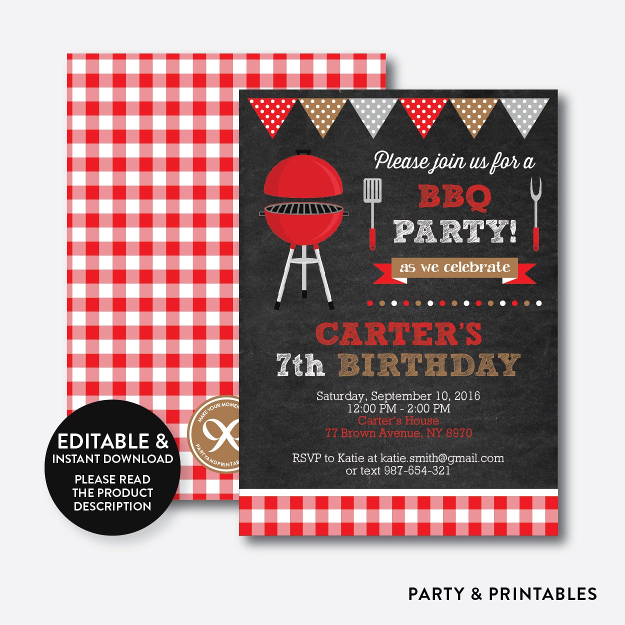 Instant Download Editable BBQ Birthday Invitation Barbeque