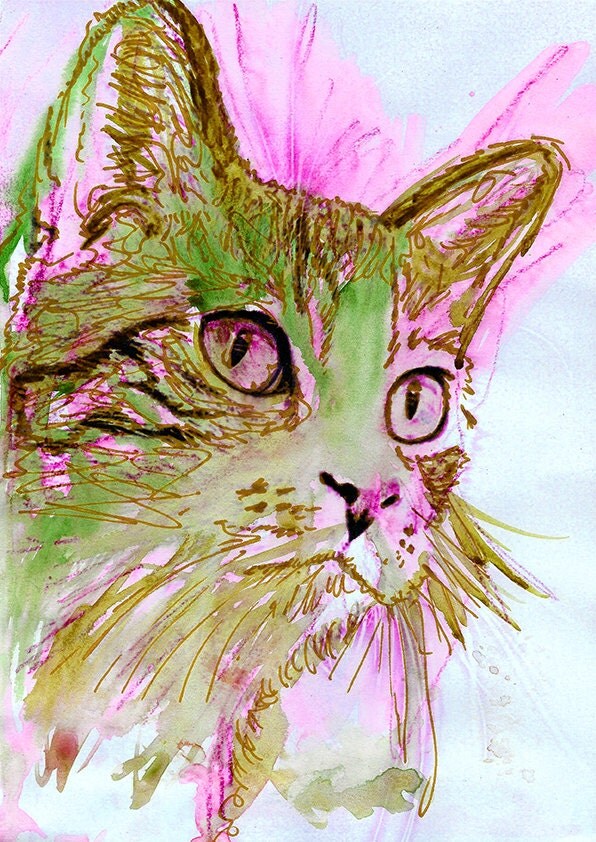 Cat Painting Green Pink Cat Print fine art print Cat gift