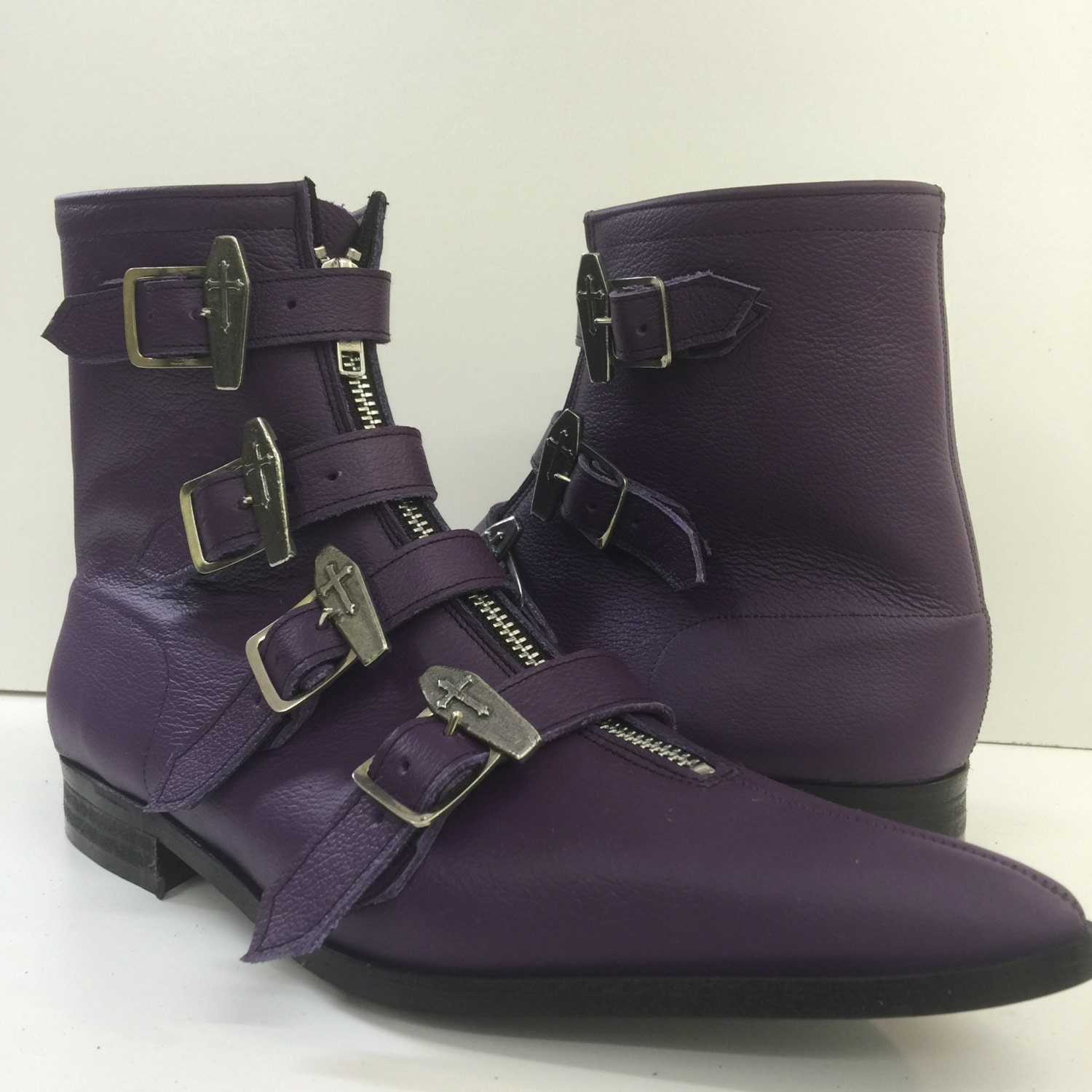Dawn Coffin Buckle Winklepicker Boots in Purple Leather