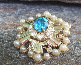 Blue Sunburst Brooch Blue Vintage Brooch Something Blue Wedding Bouquet Brooch Wedding Pin