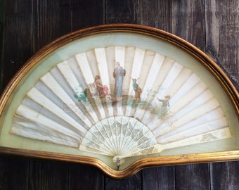Antique Hand Painted Silk hand Fan, Figures in Landscape, Victorian, Italian, 1800's, Chinese scene, carved bone handle, framed