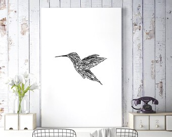 Minimalist Poster, Black and White Hummingbird Art, Bird Print, Animal Drawing, Sketch Art, Digital Download, Wall Printable Art, Wall Decor