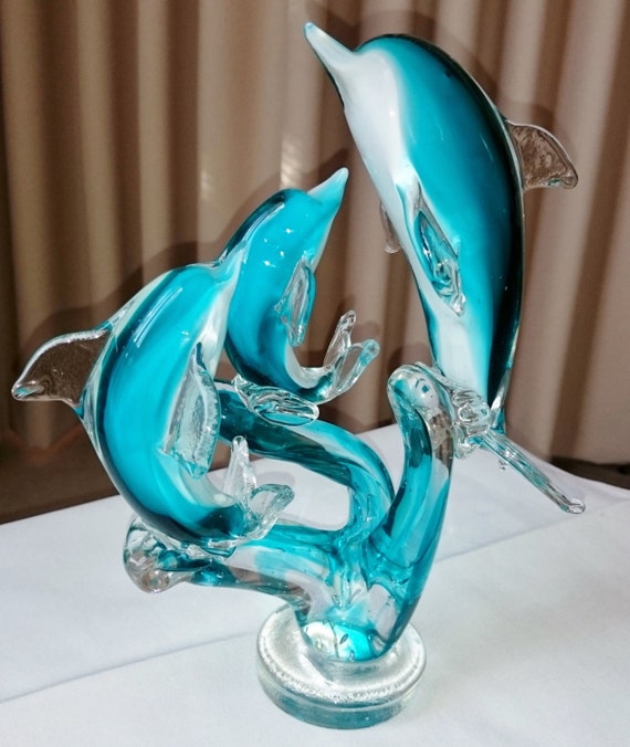 Murano Style Glass Triple Dolphins Figurine Blown Glass