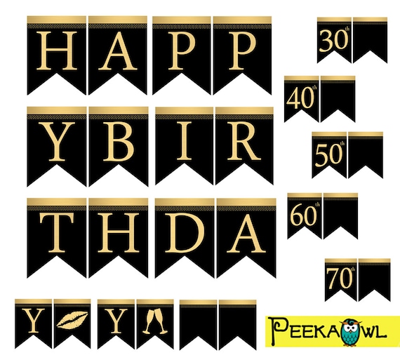 instant download black gold birthday banners printable happy