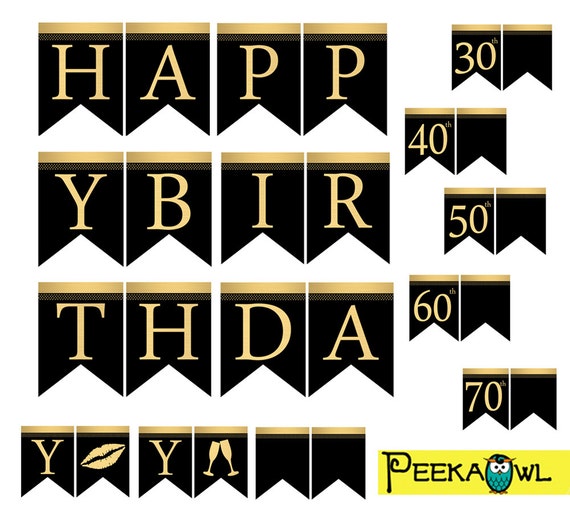 Instant Download Black Gold Birthday Banners Printable Happy