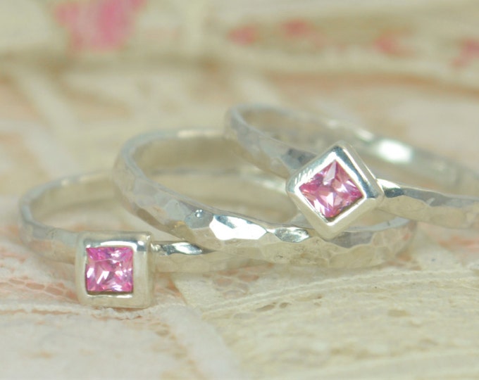 Square Pink Tourmaline Engagement Ring, Sterling Silver, Tourmaline Wedding Ring Set, Rustic Wedding Ring Set, October Birthstone Tourmaline