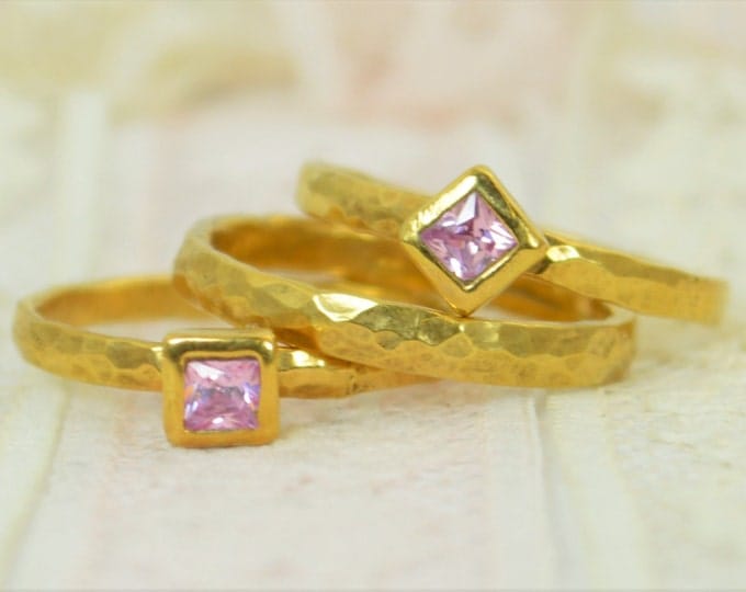Square Pink Tourmaline Engagement Ring, 14k Gold, Tourmaline Wedding Ring Set, Rustic Wedding Ring Set, October Birthstone Tourmaline