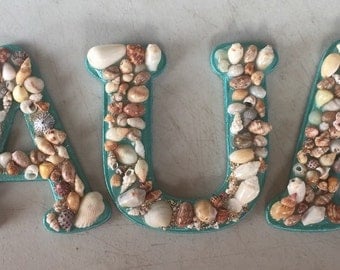 Beach Decor, Turquoise shell encrusted letters "KAUAI" with all Niihau shells from Hawaii