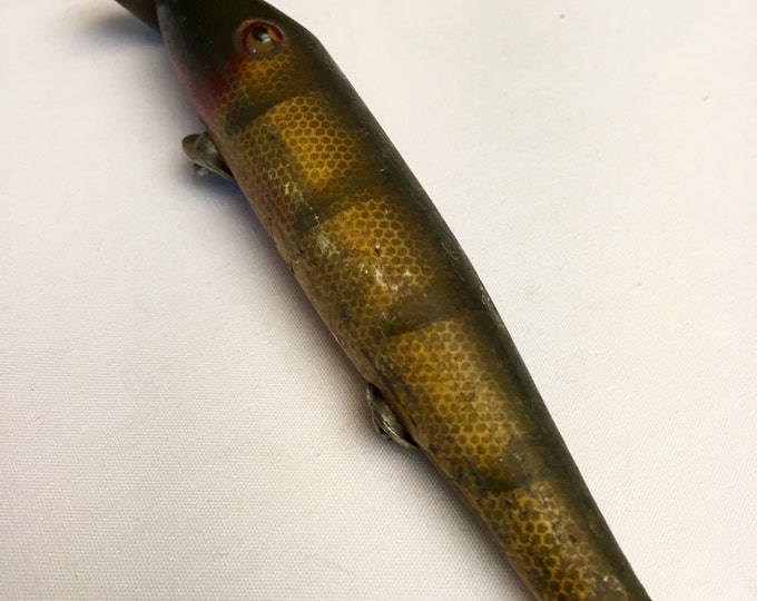 Storewide 25% Off SALE Antique Large Green Hand Painted Wooden Fishing Lure Featuring Original Yellow Glass Eyes