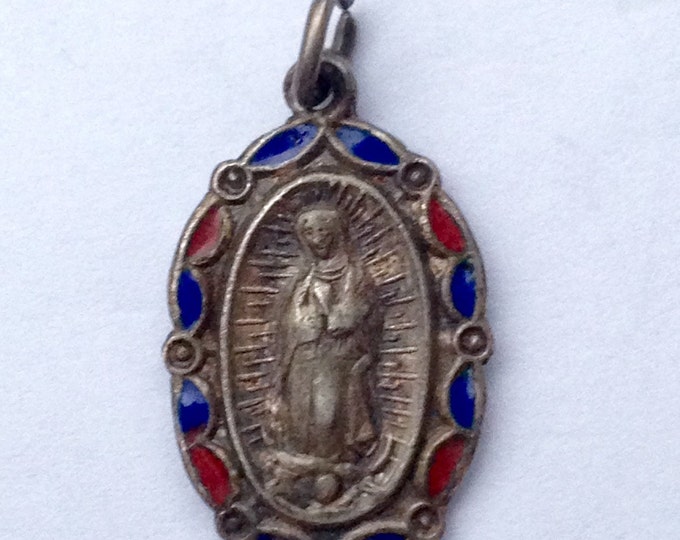 Storewide 25% Off SALE Vintage Sterling Silver Religious Mary Mother Of Christ Pendant Charm Featuring Red And Blue Alternating Enamel Embel