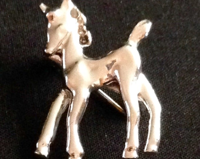 Storewide 25% Off SALE Vintage Silver Tone Baby Unicorn Style Designer Animal Brooch Pin Featuring Elegant Reflective Detail With Raised Fin