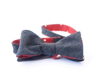 Grey windowpane wool & red polka dot bow tie - double sided
