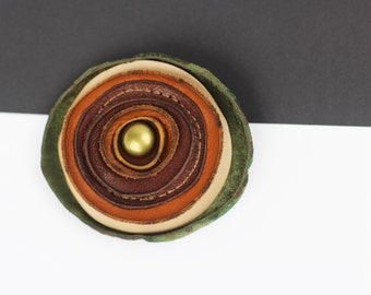 Leather Brooch/Multicolored Leather Pin/Circle Rosette Leather Brooch/Tan & Brown Leather Brooch/Leather Jewelry – Rste017