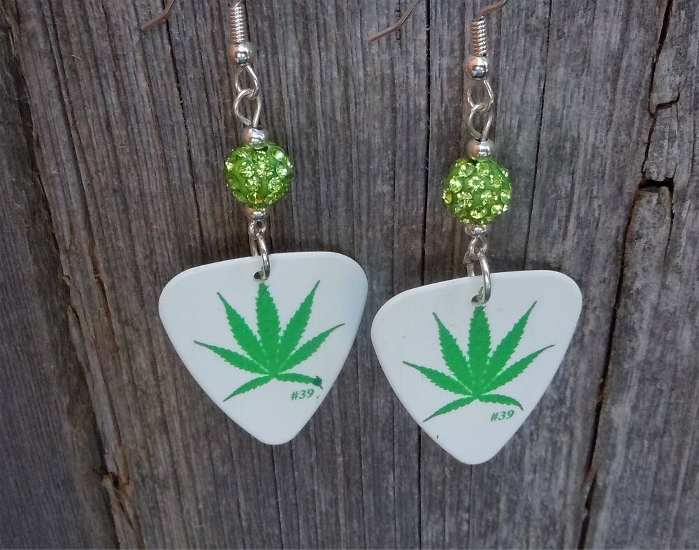 Marijuana Leaf Guitar Pick Earrings with Green Pave by ItsYourPick