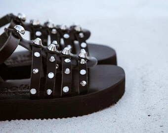 aelia aura gladietor in flatform/strass and silver studs/rock sandals/gothic sandals/handmade leather black sandals/sales