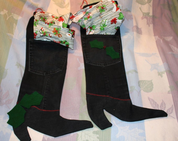HALF PRICE ** Matched Pair of Poinsettia and Holly Christmas Stockings of Upcycled Black Denim. Holiday Motif Bags