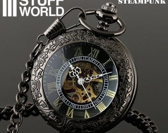 Retro SteamPunk BLACK Pocketwatch - Skeleton Mechanical - Vintage watch *** includes pouch ***